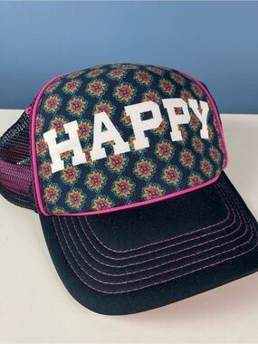 Natural Life "HAPPY" Adjustable Trucker Hat with Black Neoprene Pink floral